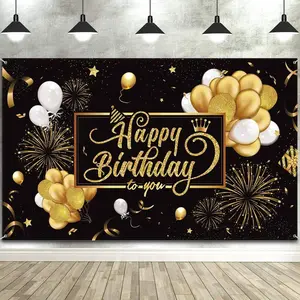 Happy Birthday Banner Sign Poster Large Fabric Glitter Balloon Fireworks Sign Photo Backdrop Background for Birthday Decoration Supplies, 72.8 x 43.3in (Black and Gold)