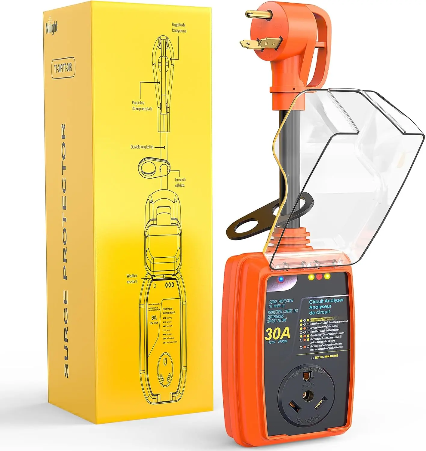 Nilight RV Surge Guard - 30A, 125V/3750W, 2100J Protection, ETL Certified, LED Voltage Monitor, Pure Copper Plug-and-Play, Easy Install, Male NEMA TT-30P/Female NEMA TT-30R, 8MOV Fire Risk Cut, Rainproof Cover, Camper Extension Cord Included