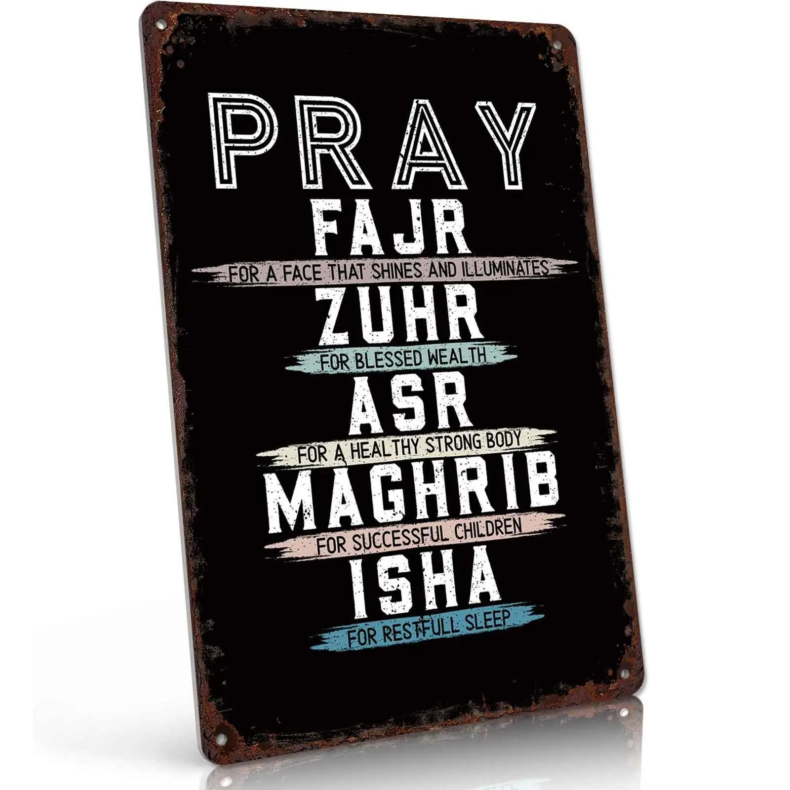Vintage Islamic Prayer Aluminium Tin Sign - 8x12in Lightweight Wall Plaque Decor, Mount Included, PRAY FAJR ZUHR ASR MAGHRIB ISHA, Muslim Religious Home Living Room Gift