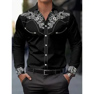 Men's Black Floral shirt - Button- collar long sleeve non-stretch formal & casual western - Machine Washable for Weddings, Parties, Casual Attire - All-Season Men's blazer alternative, Party Outfit, Retro Fashion, Smooth Fabric, Stylish Top, Stylish Men