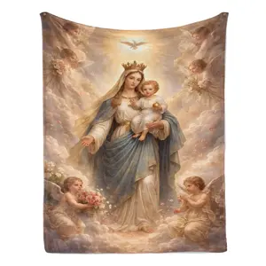 Virgin Mary and Jesus Religious Flannel Throw Blanket, Christian Catholic Faith Gift, Sacred Art Church Decor Blanket, Soft Cozy Blanket for Couch Bed Prayer Room Home Decor