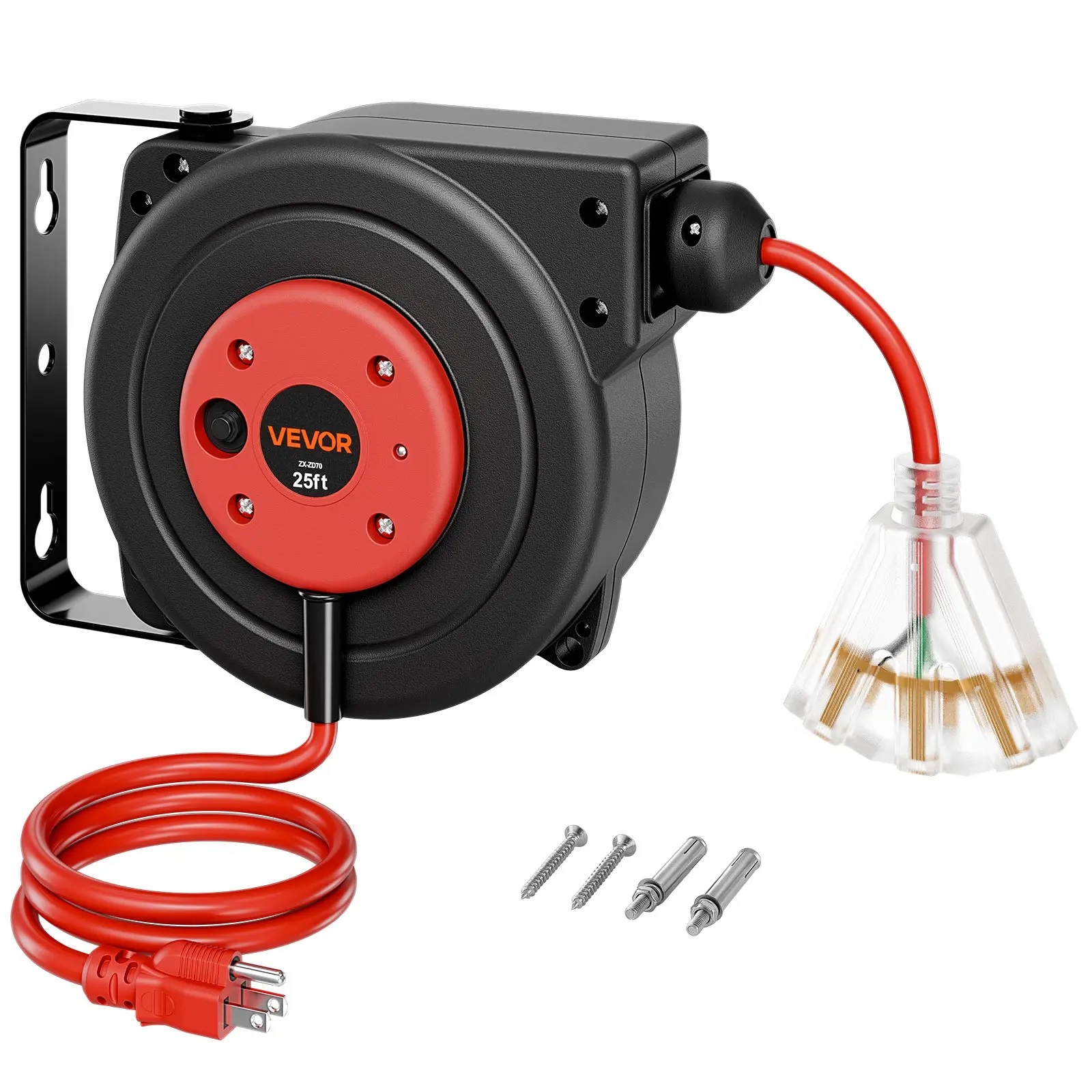 VEVOR Retractable Extension Cord Reel, 25FT Heavy-Duty 14AWG/3C SJTOW Red Power Supply, Ceiling/Wall Mountable, 13A Circuit Breaker, Automatic Retraction, Lighted Triple Tap, 180° Swivel Bracket