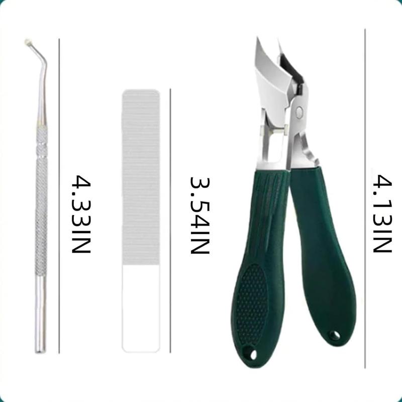 Green Nail Care Tool Set – Includes Thick Nail Clipper, Ingrown Nail Lifter & Nail File | Beveled Eagle Beak Design, Large Opening, Anti-Splash, for Thick & Hard Nails