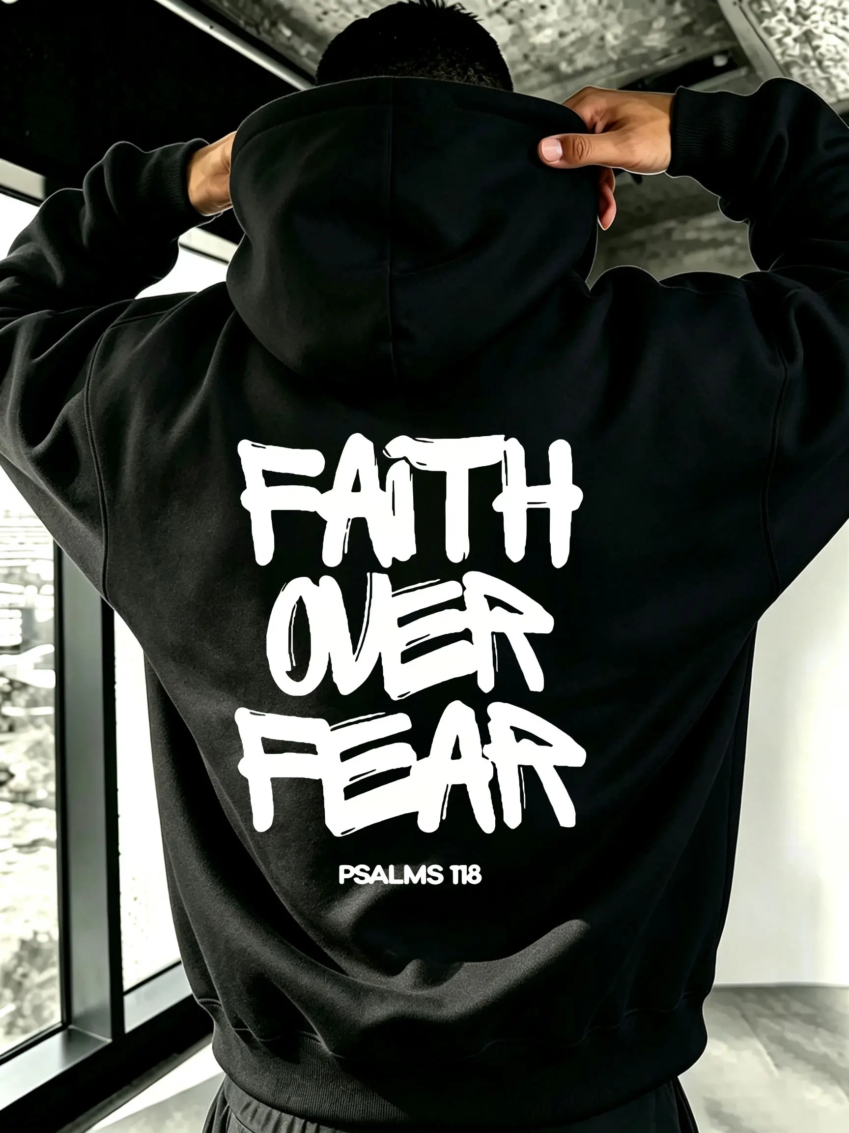 FAITH OVER FEAR double-sided hoodie with bold brushstrokes and graffiti design PSALMS118 vertical lettering unisex oversized sweatshirt 【Runs small, order one size up】