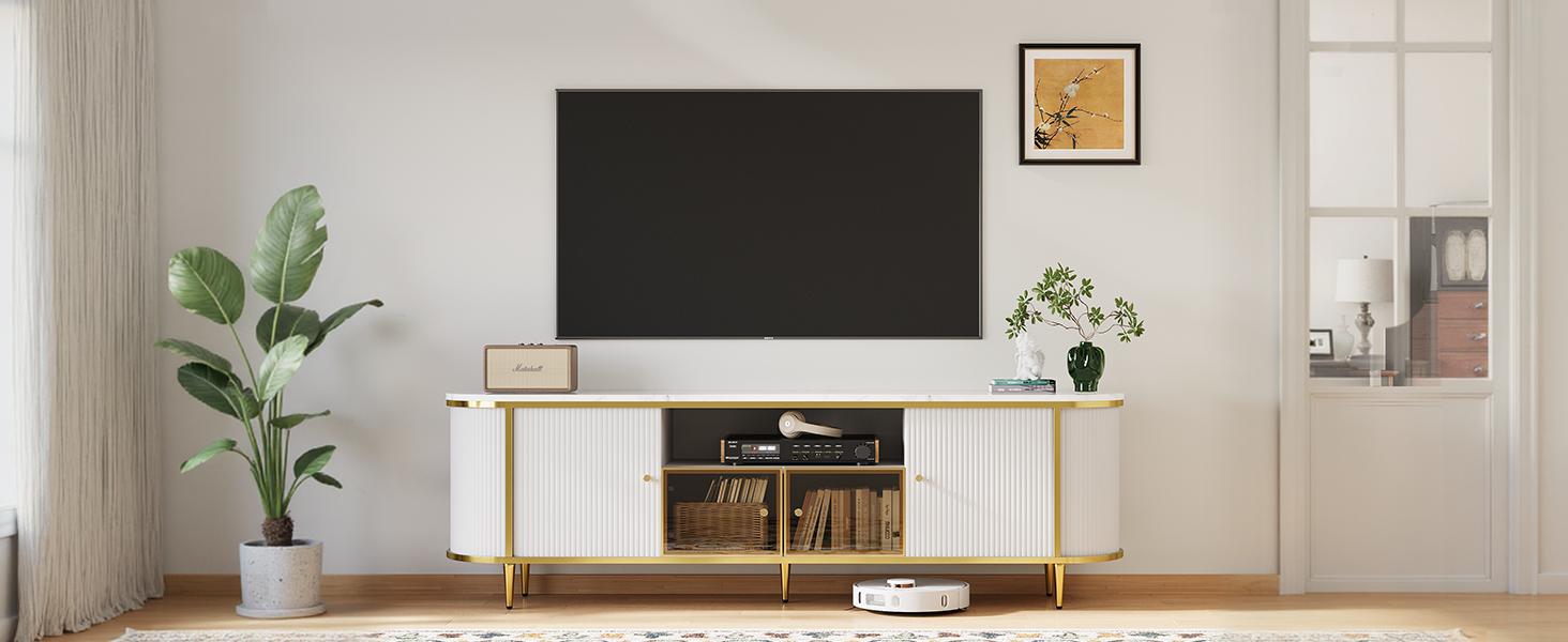 【Ships in 1 Packages】Oneinmil Luxury 70" Fluted TV Stand Modern Entertainment Center for TVs Up to 80" TV Console with Faux Marble Tabletop Curved Profile Design Media Console for Living Room bedroom tables nursery
