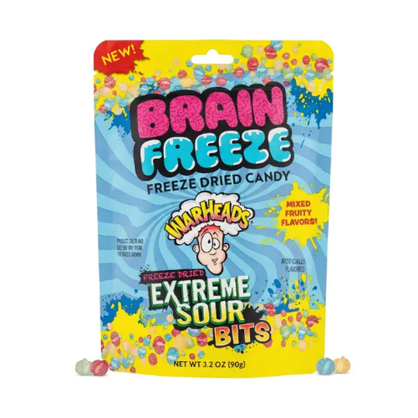 Brain Freeze by Warheads Freeze-Dried Extreme Sour Bits, 3.2 Oz (Pack of 1) - Watermelon, Lemon, Green Apple & Blue Raspberry Flavored Bite-Sized Freeze-Dried Sour Candy, Ideal Fun Candy for Parties