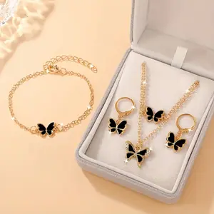 A Set of 4 Elegant Women'S Fashion Jewelry - a Sparkling Butterfly Necklace, Matching Rose Golden Earrings And Ring, Perfect for Valentine'S Day, Weddings, And Mother'S Day | an Ideal Gift for Special Occasions, Butterfly Jewelry Set