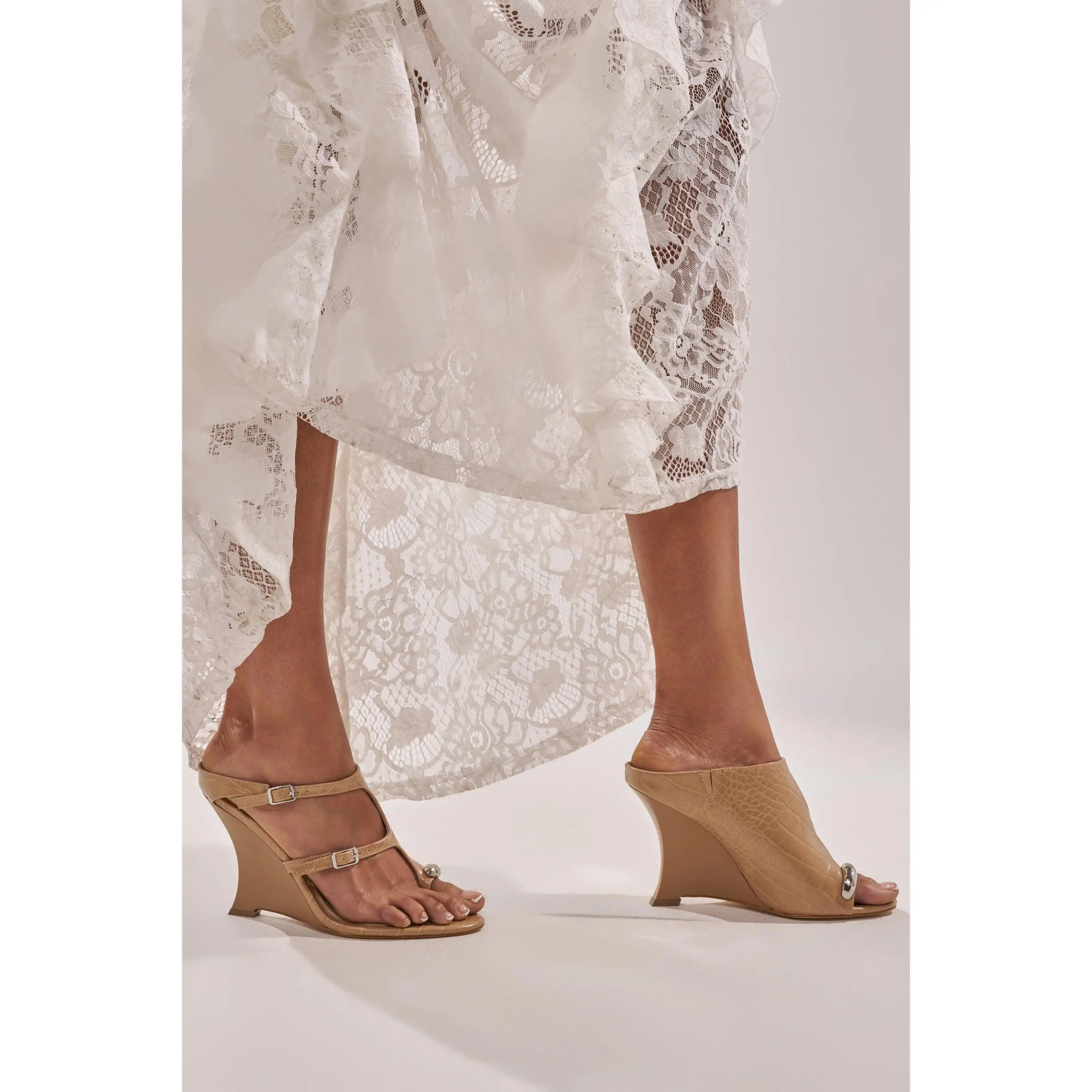 AKIRA GOLD GINO NUDE CROC WEDGE SANDAL