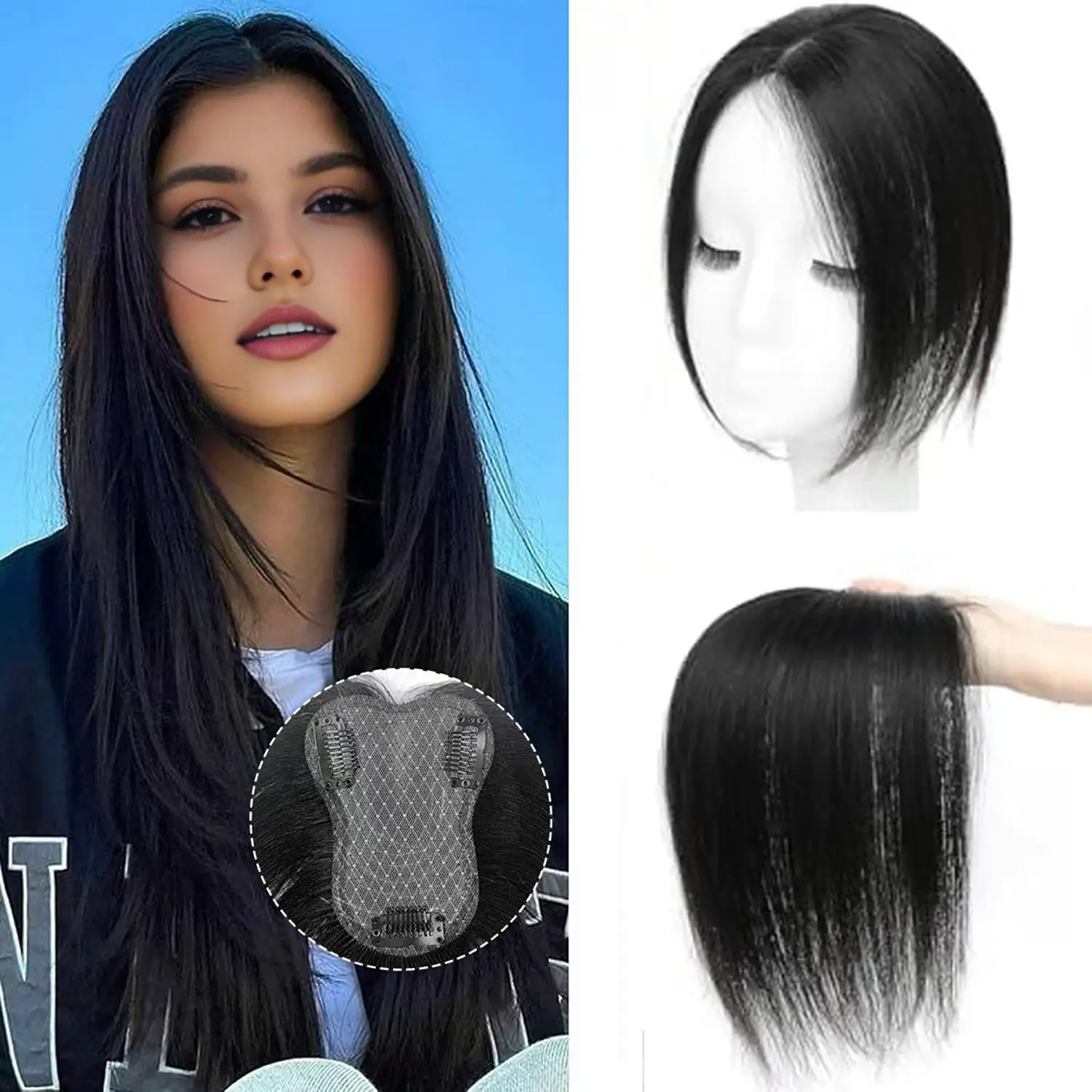 ALICOCO Clip in Bangs 100% Real Human Hair Extensions French Natural Black Fake Bangs Hair Clip on bangs for women Fringe with Temples Hairpieces Faux Bangs for Daily Wear Straight Clip-In hair topper stylish