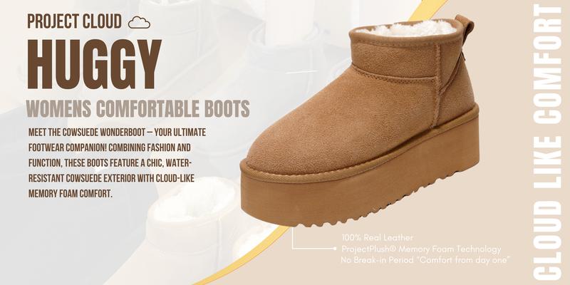 Project Cloud Women's | 100% Genuine Suede Leather Ankle Boots for Women Lightweight Memory Foam Fuzzy Boots Non-Slip Soft Fur Women Footwear - Huggy Winter Booties