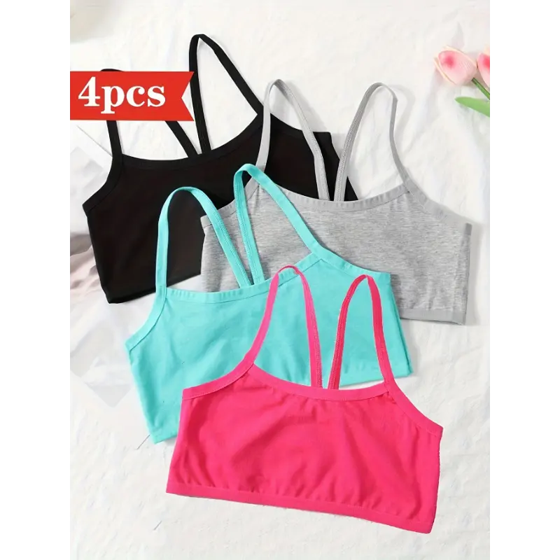 4-pack Solid Color Girls Seamless Bras, Comfortable And Breathable Sports Bras With Cross Shoulder Straps, Cute And Fashionable Training Bras, Suitable For Teenagers And Students A 7-16 Years Old