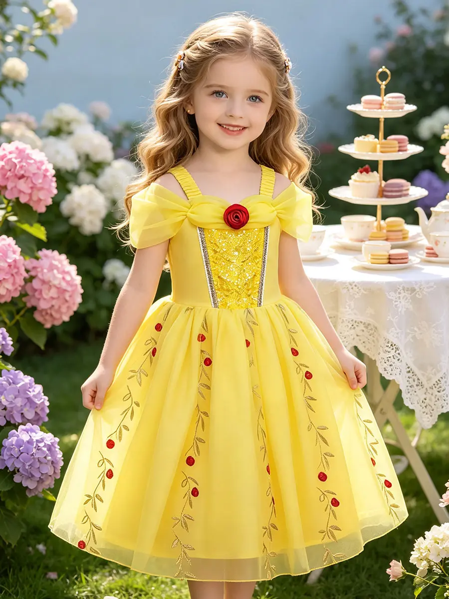 Girls Bright Yellow Floral Princess Dress, Off Shoulder Sheer Tulle Cap Sleeves, Large Red Rose Ornament Front, Full Gold Glitter Sequined Top, Vine Leaf Red Flower Embroidery Flowy Mesh Skirt for Kid Party & Daily Dress Up