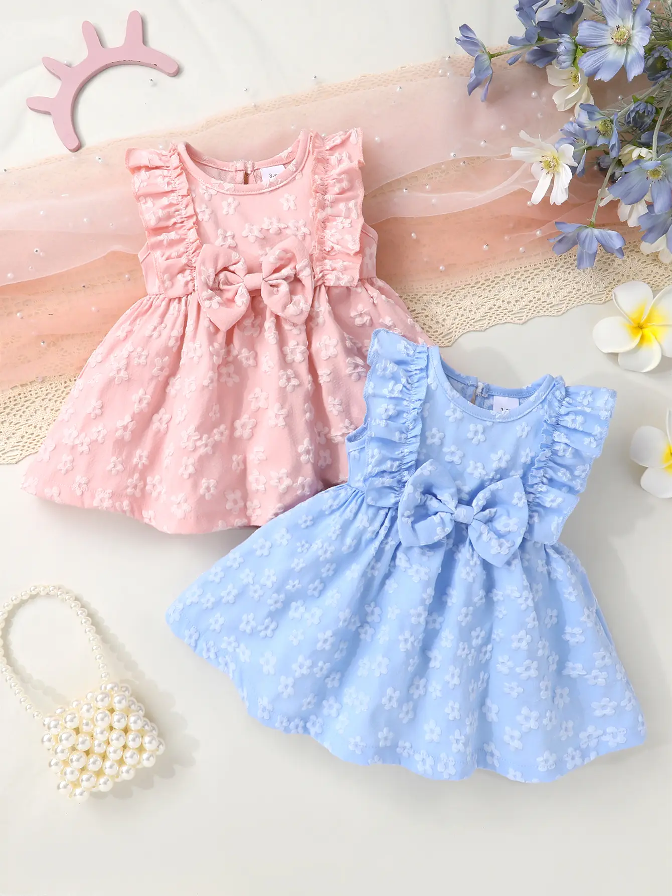 Elegant Baby Girl Floral Jacquard Bow Ruffle Sleeveless Dress Set summerwins Baby Clothes Girl Baby Clothing