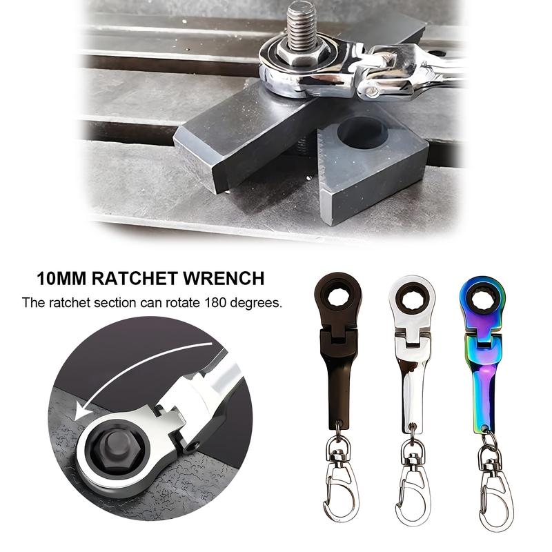 10mm Ratchet Wrench Keychain Key Ring, Portable Ratchet Heavy Duty Wrench Key Ring, 180 Degree Telescoping Head Mini Hardware Tool