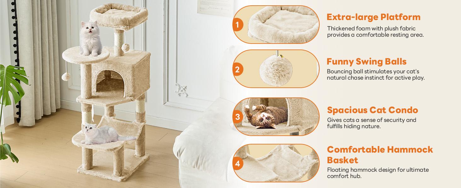 44/66 inch Cat Tree Tower, Multi-Cat Climbing Tower with Condo, Natural Sisal Scratching Posts, Extended Platform, Hammock, Pet House for Indoor Cats and Kittens Play