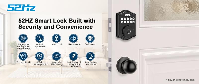 52hz AI Smart Fingerprint Door Lock with Code, Voice Guide, Password lock, Auto Lock, Easy to Install, Black Security-A3 52hz AI Smart Fingerprint Door Lock with Code, Voice Guide, Password lock, Auto Lock, Easy to Install, Black Security-A3