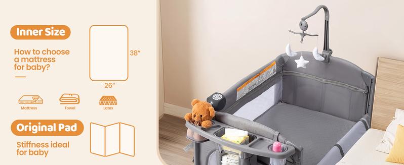 JOYMOR 9 in 1 Bedside Bassinet with Changing Table, Pack and Play with Bassinet, Convert to Rocking Baby Bed with Electric Music Center, Mosquito Net, Toy, Storage