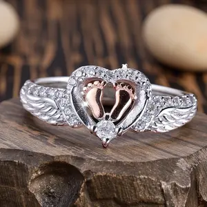 Silver Heart Angel Ring | Two-color Footprint Design, Set with Glittering Zirconia, Rose Golden Coating, Suitable for Daily Wearing or as a Gift, Valentine'S Day Jewelry, Romantic Gift