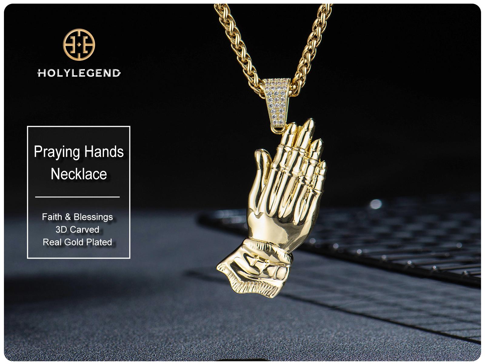Holylegend 14K Real Gold-Plated Praying Hands Pendant Necklace for Men, 3D Carved Pendant with CZ Iced Bail, Gift-Ready Religious Jewelry