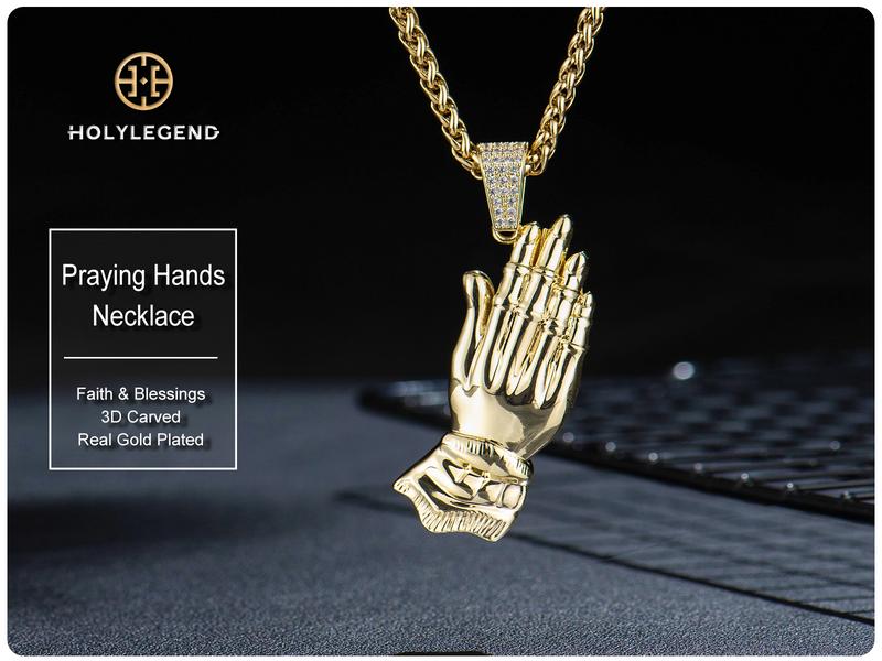 Holylegend 14K Real Gold-Plated Praying Hands Pendant Necklace for Men, 3D Carved Pendant with CZ Iced Bail, Gift-Ready Religious Jewelry