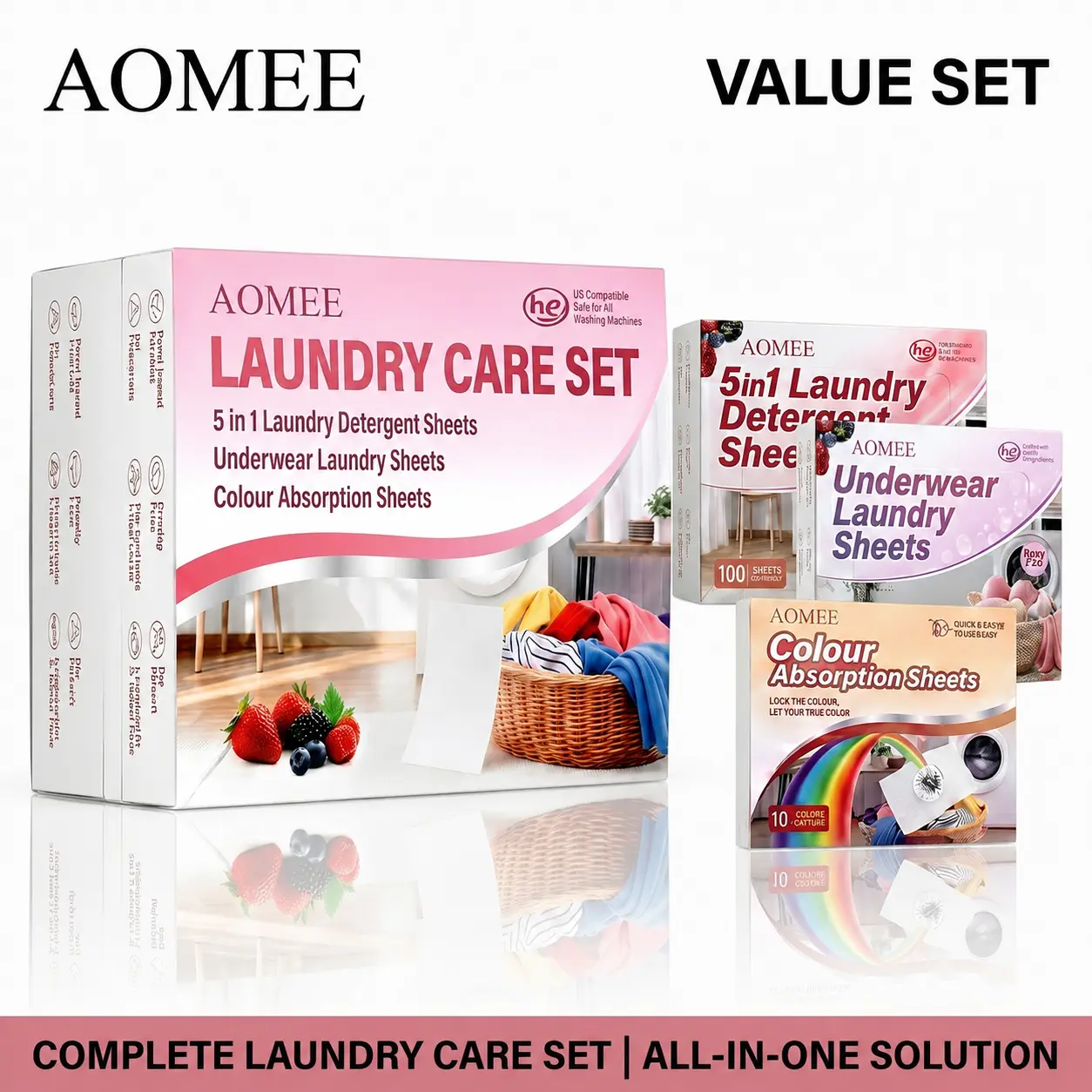 AOMEE Laundry Detergent Sheets | 160 Loads Complete Laundry Care Kit | Everyday Wash, Intimate Care & Color Protection | Easy Dissolve Mess-Free Sheets for Clothes, Delicates & Colors | Liquid Detergent Alternative | 5-in-1 System