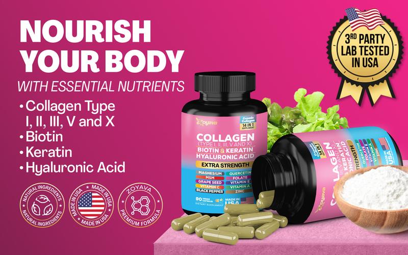 Zoyava Collagen Supplement - Type I, II, III, V and X - with Biotin, Keratin, Hyaluronic Acid & 13+ Extra Strength Ingredients for Beauty, Fitness, & Healthcare - 90 Capsules - MADE IN USA
