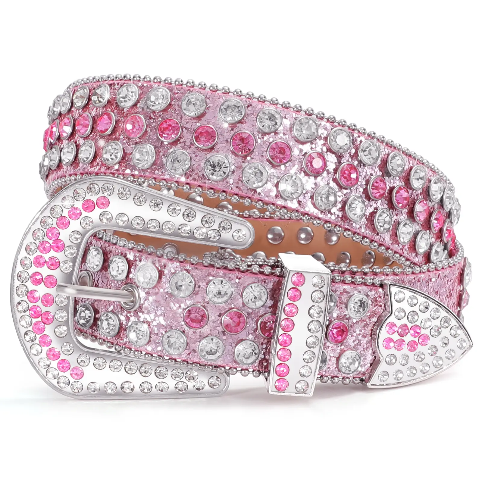 XZQTIVE Women's Western Rhinestone-Studded Leather Belt with Buckle - Exquisite Rhinestone Decor Belt, Funky Unique Accessories for Jeans Dresses, Pink/Silver, Fits 32-37 in Waist