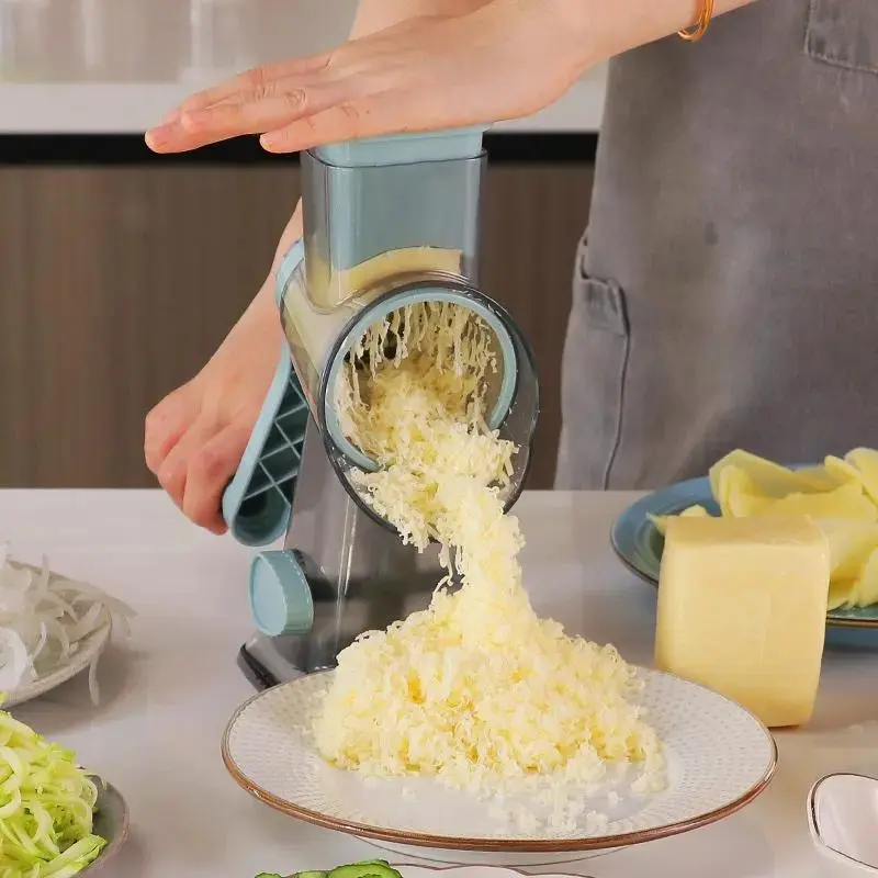 Rotary Cheese Grater Shredder 3-in-1 Tumbling Box Mandoline Vegetable Julienne Slicer Waffle Cutter Nut Chopper with Handle and Strong Suction Base