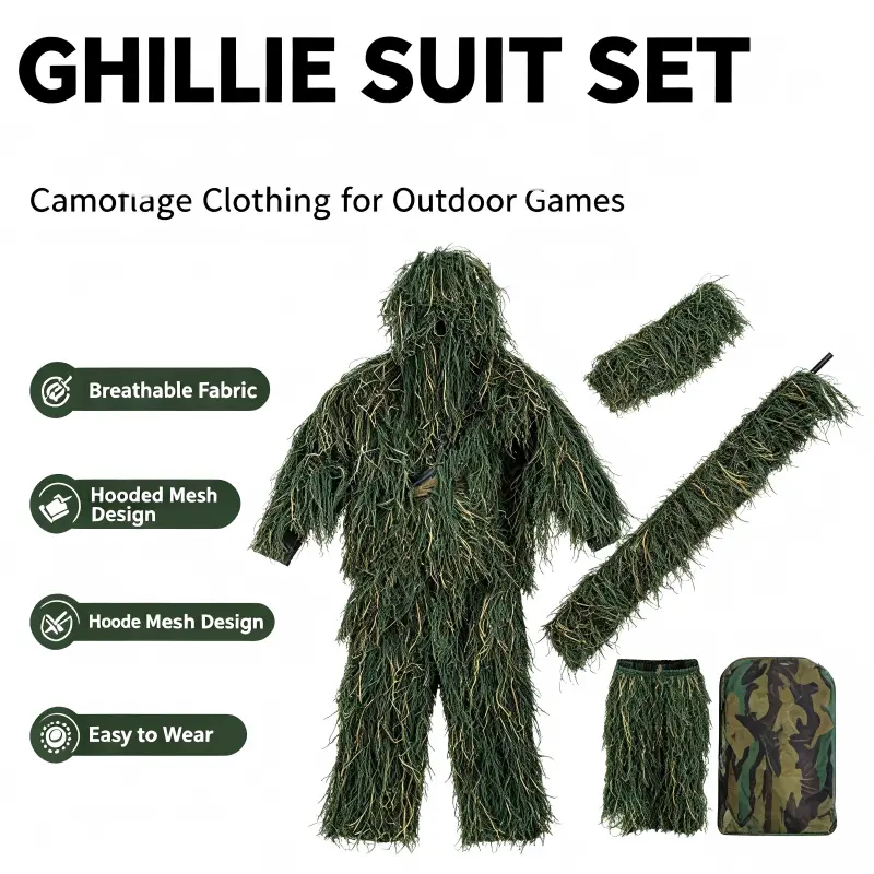 Unisex Full Body 5-Pieces Green Ghillie Suit for Hunting, Long Sleeve Camo Set with Hood, Jacket, Pants, Gun Wrap & Storage Bag, Breathable Mesh Fabric Clothing for Jungle Hunting, CS Game
