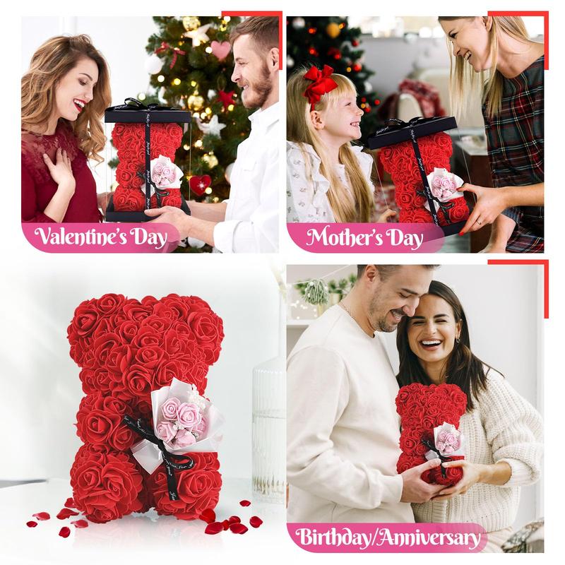 Rose Bear with Box - Artificial Flowers Rose Teddy Bear with Box, Greeting Card, Necklace - Cute & Romantic Valentine’s Day Gifts for Her, Women, Girlfriend, Wife (Red) Decor Decorative