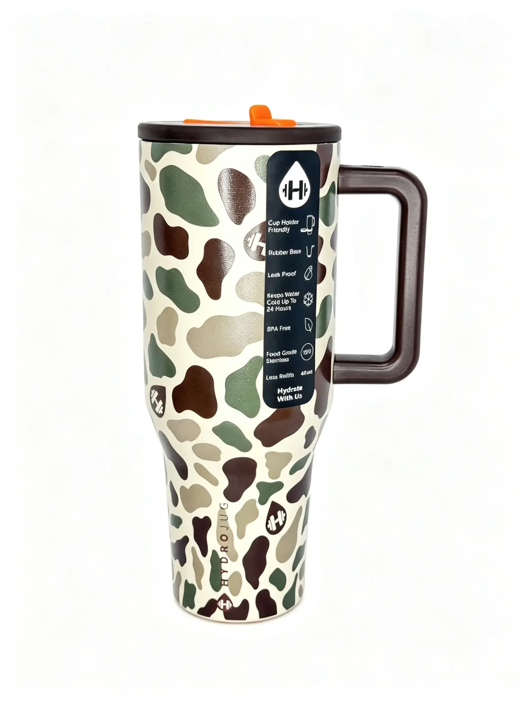 HydroJug 40oz Printed Insulated Vacuum Stainless Steel Flask - Leakproof, 24hr Cold Retention, Handle & Straw, Car Cup Holder-Fit Portable Beverage Mug for Iced Coffee
