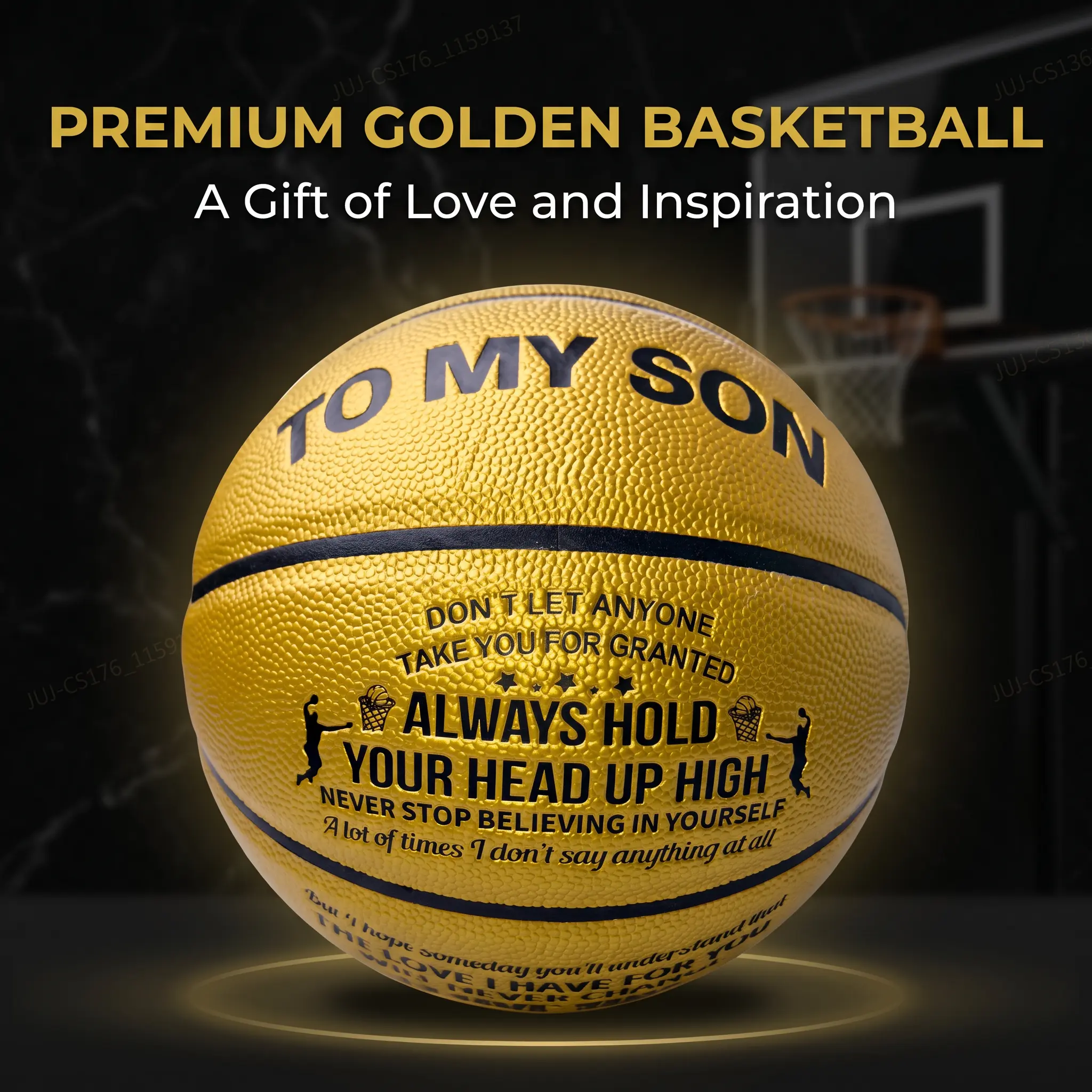 Premium Engraved Golden Basketball Gift for Son, Inspirational Words Basketball, Size 7 Official Basketball PU Leather Anti-Slip Durable Indoor Outdoor Basketball Birthday Graduation Christmas Gift for Boys Teen Basketball Players