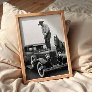 Black & White Cowboy Golfer on Classic Car Unframed Wall Art, Western Rustic Horse Poster, Cowboy Vintage Sports Art Print, Gift for Men.