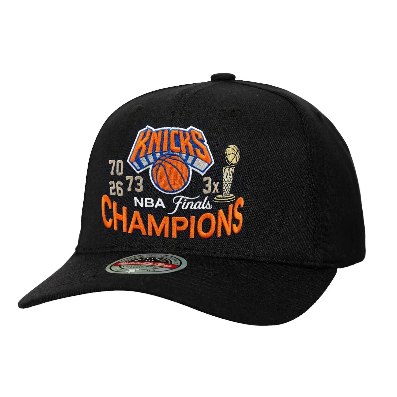 Mitchell & Ness NBA New York Knicks 3-Time Finals Champs Black Cotton Graphic Print Stretch Snapback Hat, Regular Fit for Casual Wear