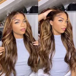 [Limited Deal] OQ HAIR 7x5 Glueless Highlight Body Wave Wigs Pre-Cut Lace Wear Go Wig 4/27 Ombre Brown Human Hair Wigs for Women Pre Plucked Hairline Pre Colored Wigs