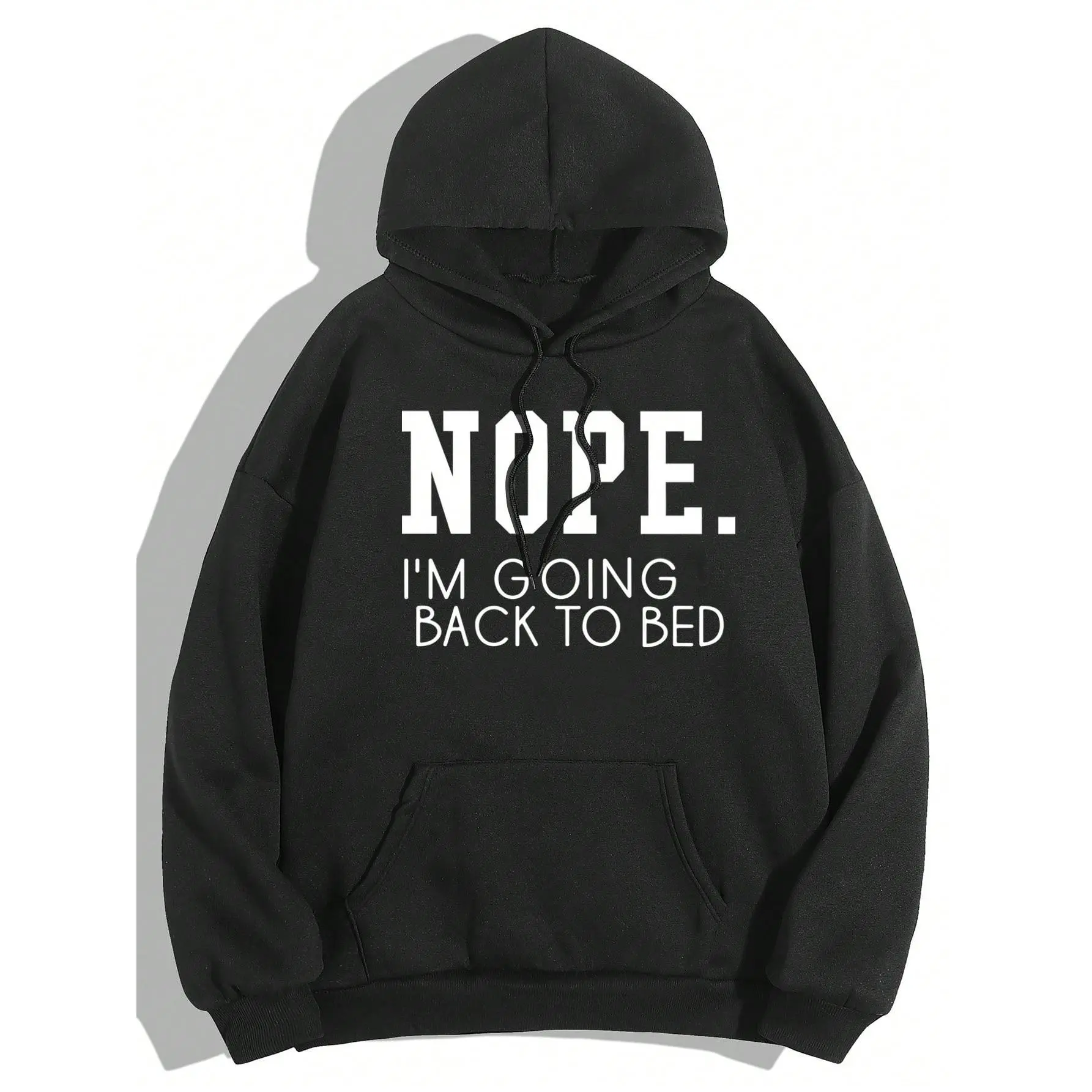 Men's Casual Sarcastic Apparel Long-Sleeve Stretch Polyester Pullover Hoodie with "Nope I'm Going Back to Bed" Graphic, Front Pocket, Hand Wash Sweatshirt for Menswear Tops