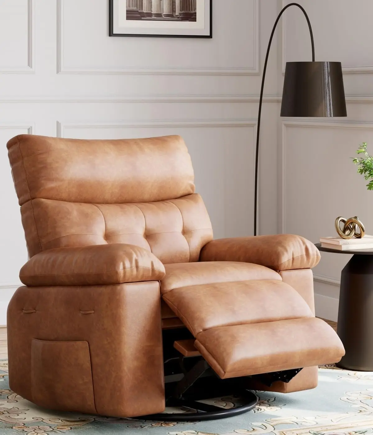 360° Swivel Rocking Recliner Chair,Retro Brown Oversized PU Leather Reclining Nursery Rockers with Heat & Massage, Rocker Recliner Chair with Pull Handle, Silla Mecedora