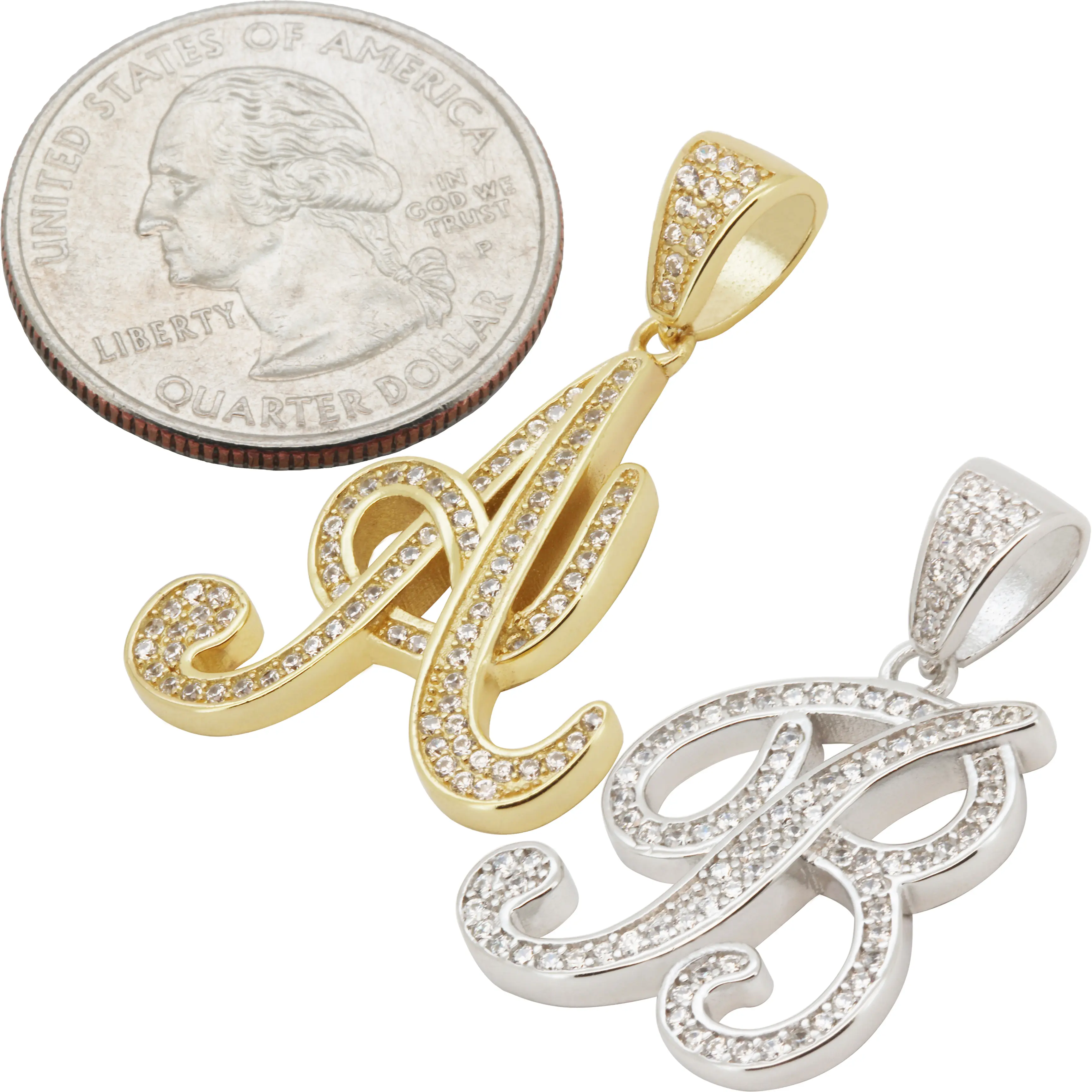 925 Sterling Silver 14k Gold Vermeil AAA Cubic Zirconia Cursive Initial Pendant