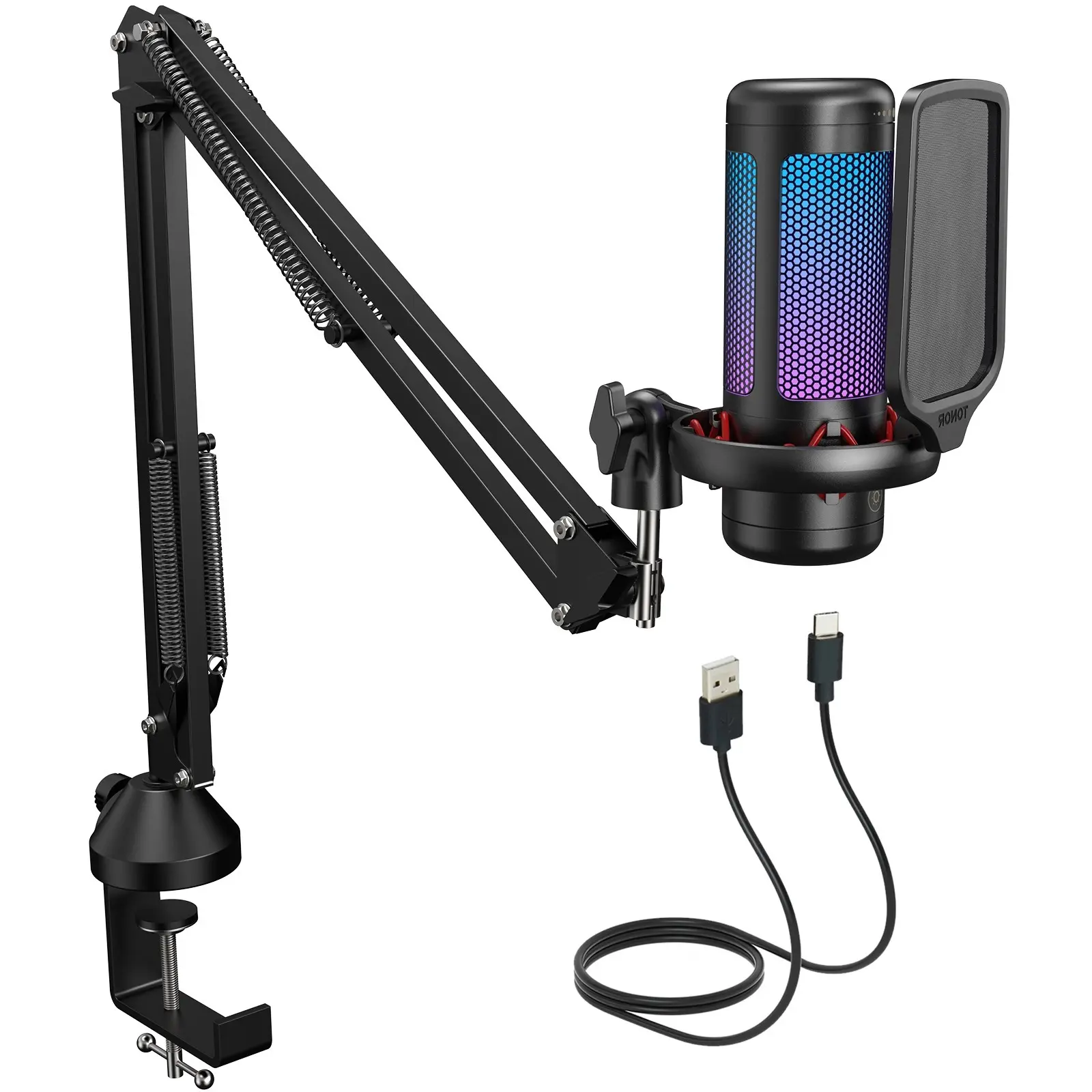 TONOR TC310 Cardioid Condenser USB Microphone - Podcast Set with Boom Arm, Adjustable RGB Lights, Gaming Accessories, Vlogging Equipment for Content Creators, PC/PS5 Live Streaming, Recording, Device