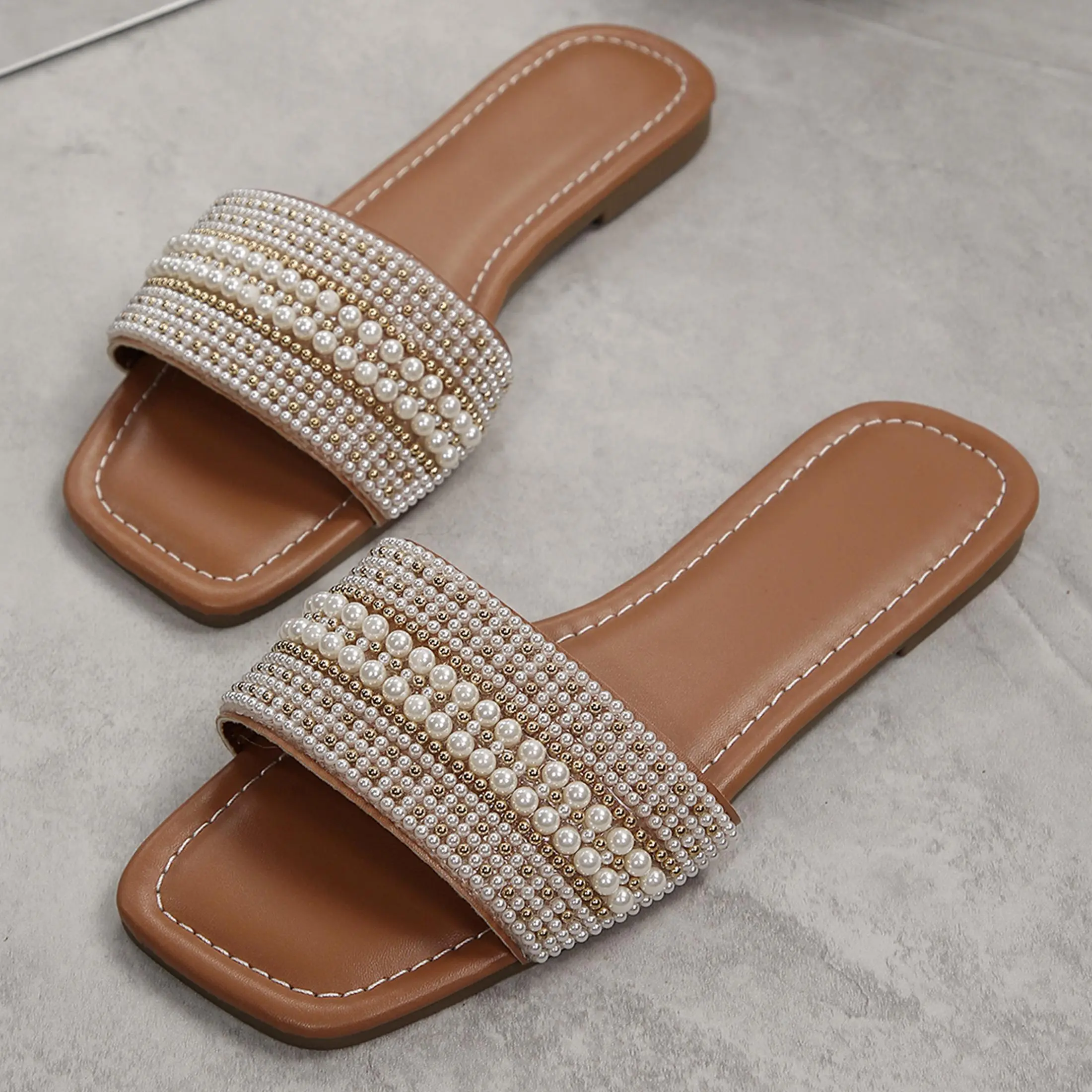Summer Pearl Bead Flat Slide Sandals - Women's Open Toe Slip-on Sandals, Beaded Slides for Everyday, Beach & Bridal Events