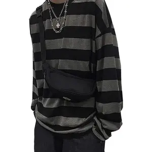 Retro Men's Clothing Striped Crewneck Long-Sleeve T-Shirt Alt Pullover Emo Shirt Punk Japanese Harajuku Streetwear Top