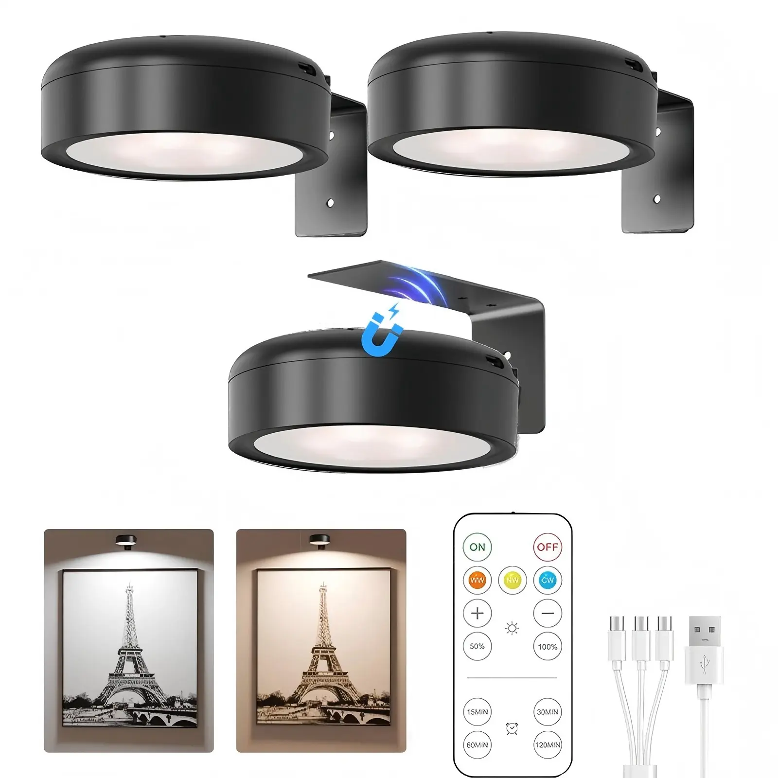 3-Pack 2000mAh Magnetic Wireless Rechargeable Dimmable Adjustable RGB LED Dimmable Picture Lights - Wall Decor, Aesthetic Room Decor, Apartment Accessories (Ideal for Gallery Walls), Led Lights Bedroom, Bedroom Decor, Home Decor
