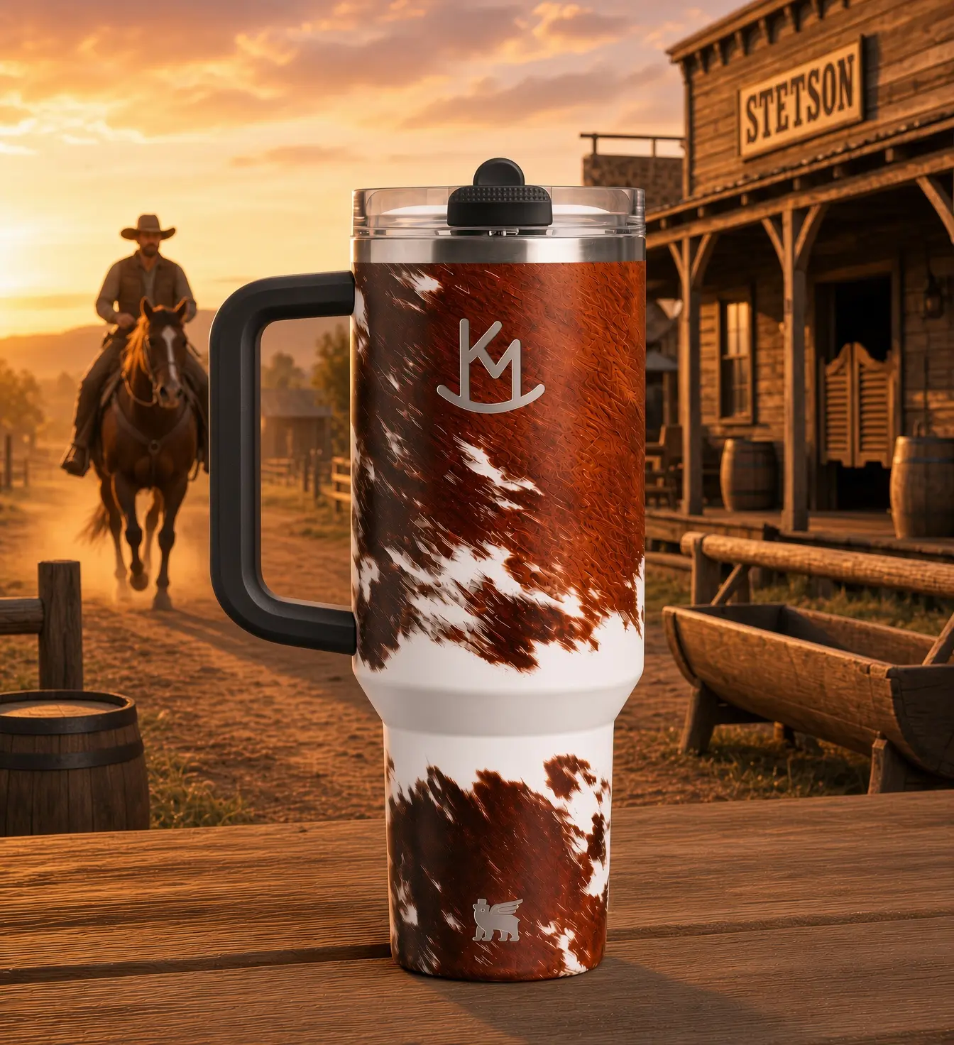 Western Cow Print  Western Cowboy  40oz Tumbler with Handle, Brown and White Pattern, Ideal for Drinks, Perfect for Outdoor Adventures