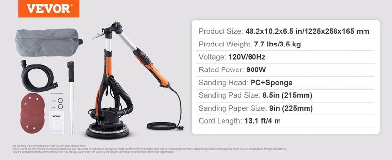 VEVOR Electric Drywall Sander 900W, Self-Suction & Variable Speed 800-1800 RPM, Foldable Handle & Self-Suction, with LED Strip Light and Vacuum Bag Power Tool  VEVOR Super Brand Day