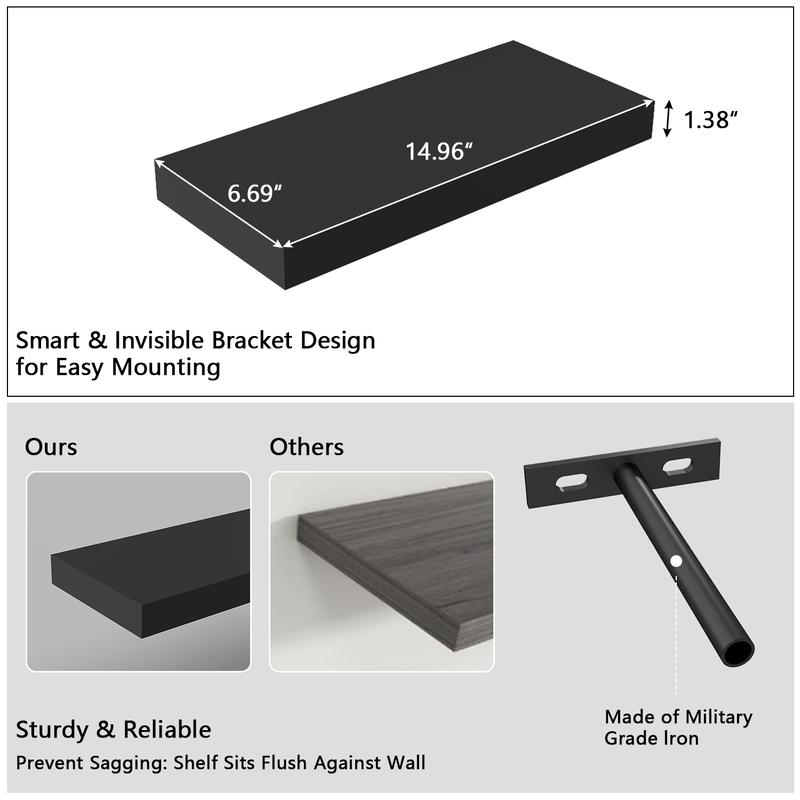Spaco 14.9" Maple Black Floating Wall Shelves - Modern Wood Storage for Bathroom, Bedroom, Kitchen & Living Room (Invisible Brackets, Decorative & Functional for Books & Organization)