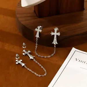Oufer Two CZ Cross With Chain 2PCS Stud Earrings For Women