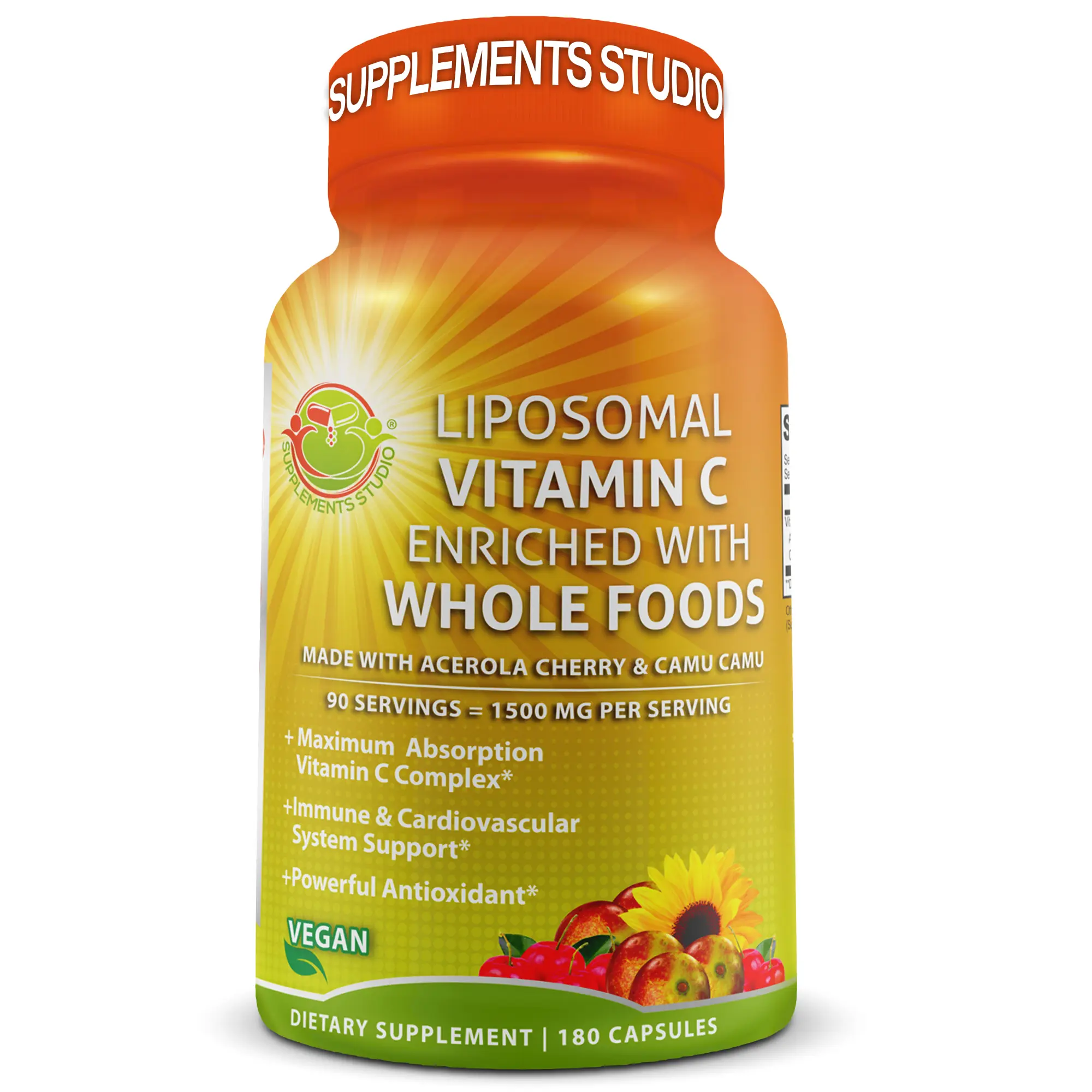 SUPPLEMENTS STUDIO Liposomal Vitamin C 1500mg Capsules - Enriched with Organic Acerola Cherry & Camu Camu - Supports Immune Health - Easy to Swallow - 180 Capsules