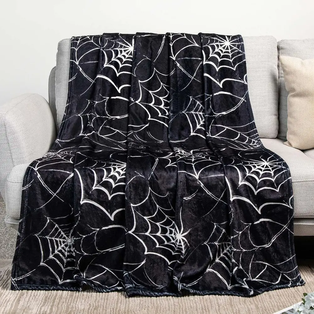 Gothic Spider Web Classic Spooky Print Flannel Throw Blanket - Black Halloween Bedding, Couch & Bed Use, Room Decor