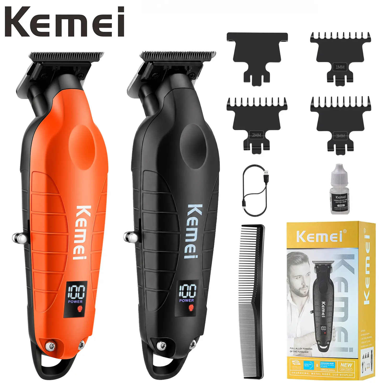 KEMEI 2293 Professional T-Blade Head Trimmer for Men, Male Grooming Beard/Hair Clippers, Cordless Rechargeable Electric Barber Tool with Cleaning Brush