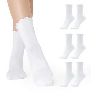 3 Pairs CoolMate Womens Ruffle Socks, Cute Cotton Blend Crew Socks for Casual & Sporty Wear, Turn-Cuff Frilly Ankle Socks for Women Shoes (White)